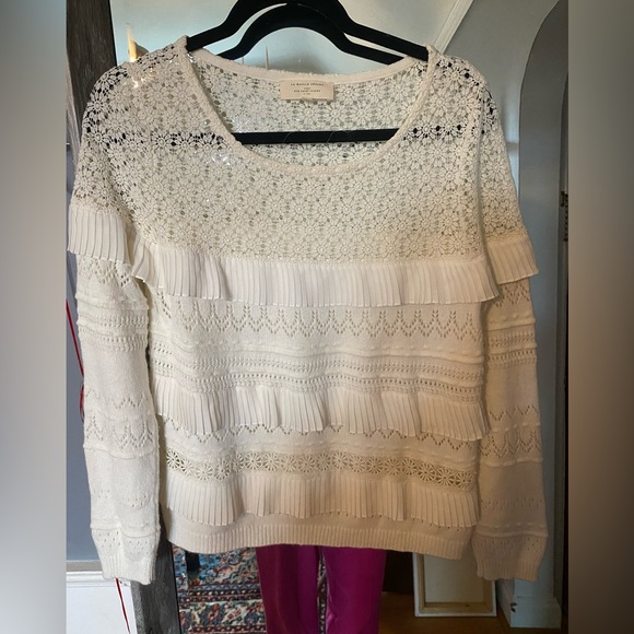 SOLD Sézane Cream Ruffle Openwork Knit Sweater - Picture 2 of 7